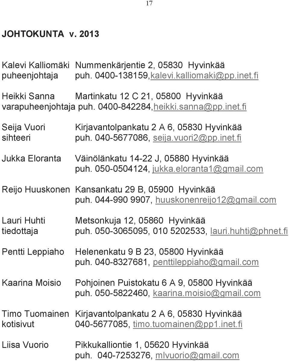 040-5677086, seija.vuori2@pp.inet.fi Väinölänkatu 14-22 J, 05880 Hyvinkää puh. 050-0504124, jukka.eloranta1@gmail.com Reijo Huuskonen Kansankatu 29 B, 05900 Hyvinkää puh.