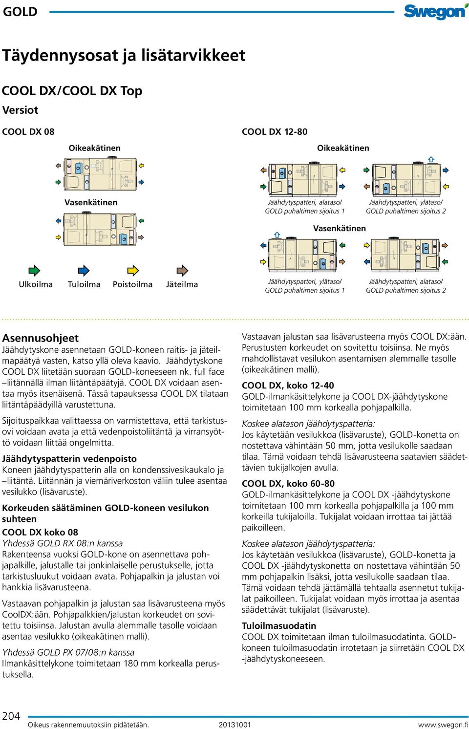 GOD-koneen raitis- ja jäteilmapäätyä vasten, katso yllä oleva kaavio. Jäähdytyskone COO DX liitetään suoraan GOD-koneeseen nk. full face liitännällä ilman liitäntäpäätyjä.