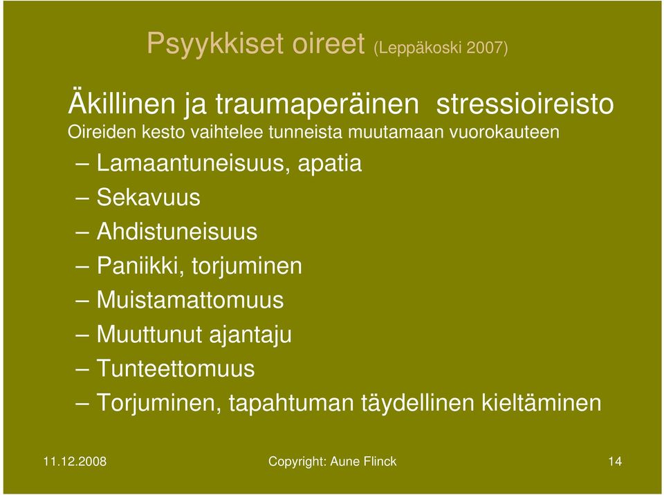 Sekavuus Ahdistuneisuus Paniikki, torjuminen Muistamattomuus Muuttunut ajantaju