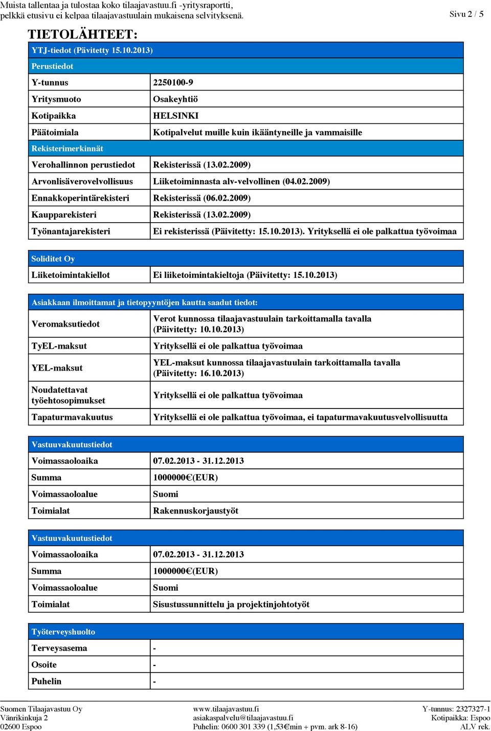 2009) Kotipalvelut muille kuin ikääntyneille ja vammaisille Arvonlisäverovelvollisuus Liiketoiminnasta alvvelvollinen (04.02.2009) Ennakkoperintärekisteri Rekisterissä (06.02.2009) Kaupparekisteri Rekisterissä (13.