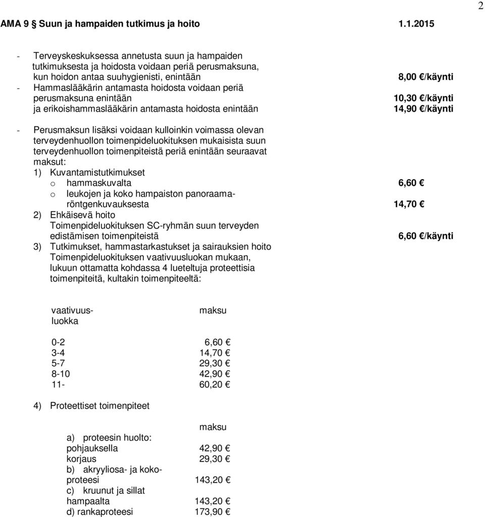 periä perusmaksuna enintään ja erikoishammaslääkärin antamasta hoidosta enintään 8,00 /käynti 10,30 /käynti 14,90 /käynti - Perusmaksun lisäksi voidaan kulloinkin voimassa olevan terveydenhuollon