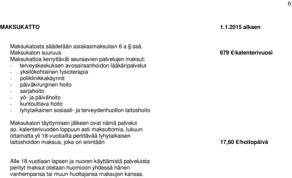 päiväkirurginen hoito - sarjahoito - yö- ja päivähoito - kuntouttava hoito - lyhytaikainen sosiaali- ja terveydenhuollon laitoshoito Maksukaton täyttymisen jälkeen ovat nämä palvelut ao.