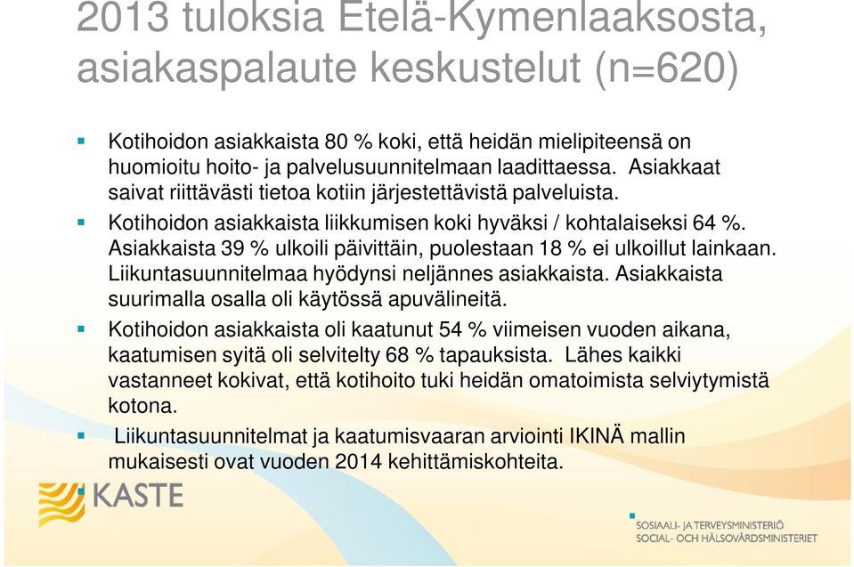 Asiakkaista 39 % ulkoili päivittäin, puolestaan 18 % ei ulkoillut lainkaan. Liikuntasuunnitelmaa hyödynsi neljännes asiakkaista. Asiakkaista suurimalla osalla oli käytössä apuvälineitä.