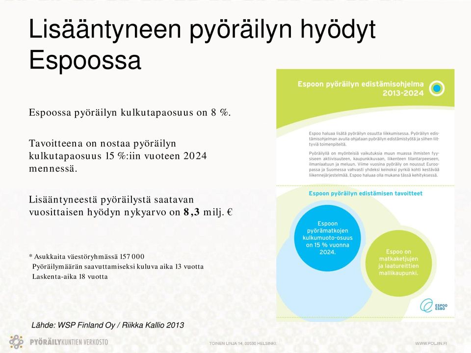 Lisääntyneestä pyöräilystä saatavan vuosittaisen hyödyn nykyarvo on 8,3 milj.