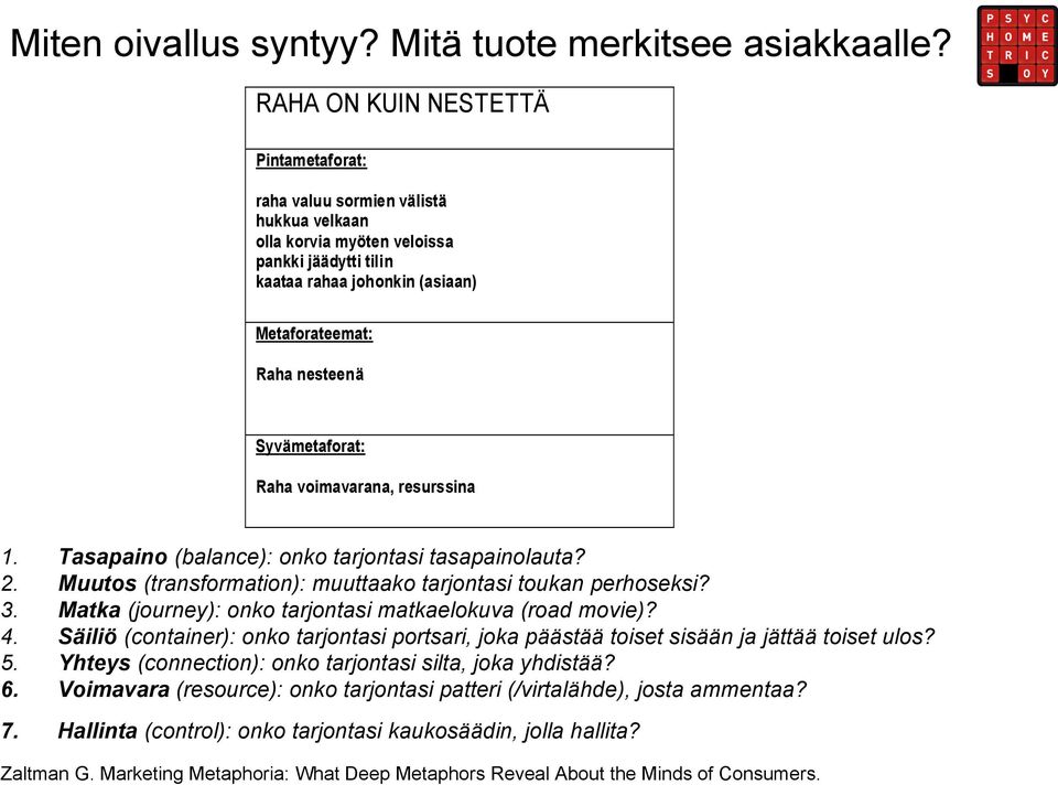 Syvämetaforat: Raha voimavarana, resurssina 1. Tasapaino (balance): onko tarjontasi tasapainolauta? 2. Muutos (transformation): muuttaako tarjontasi toukan perhoseksi? 3.