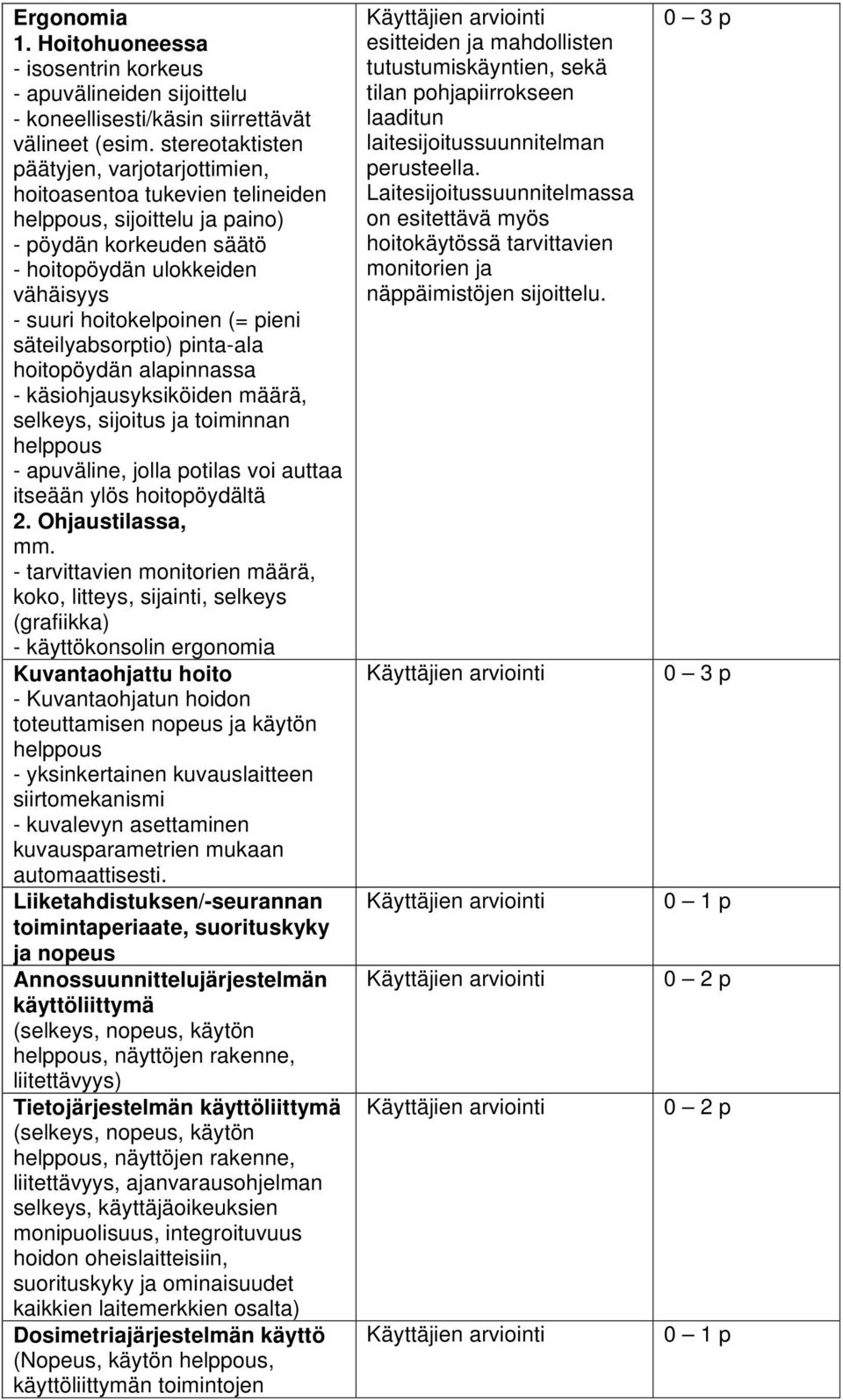 pieni säteilyabsorptio) pinta-ala hoitopöydän alapinnassa - käsiohjausyksiköiden määrä, selkeys, sijoitus ja toiminnan helppous - apuväline, jolla potilas voi auttaa itseään ylös hoitopöydältä 2.