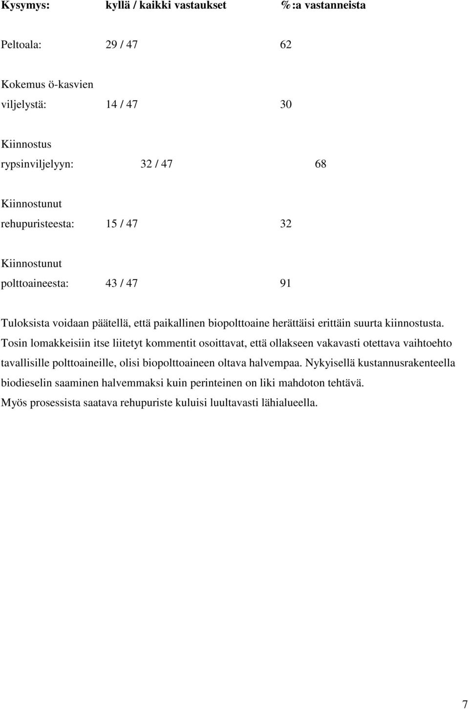 Tosin lomakkeisiin itse liitetyt kommentit osoittavat, että ollakseen vakavasti otettava vaihtoehto tavallisille polttoaineille, olisi biopolttoaineen oltava halvempaa.