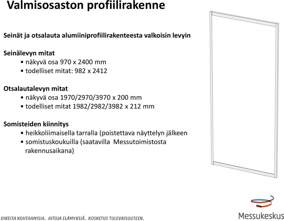 osa 1970/2970/3970 x 200 mm todelliset mitat 1982/2982/3982 x 212 mm Somisteiden kiinnitys