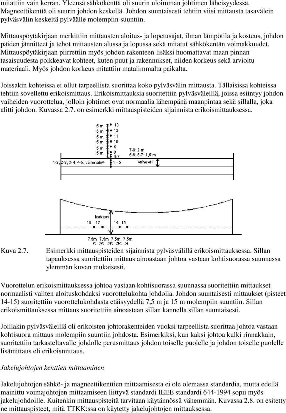 Mittauspöytäkirjaan merkittiin mittausten aloitus- ja lopetusajat, ilman lämpötila ja kosteus, johdon päiden jännitteet ja tehot mittausten alussa ja lopussa sekä mitatut sähkökentän voimakkuudet.