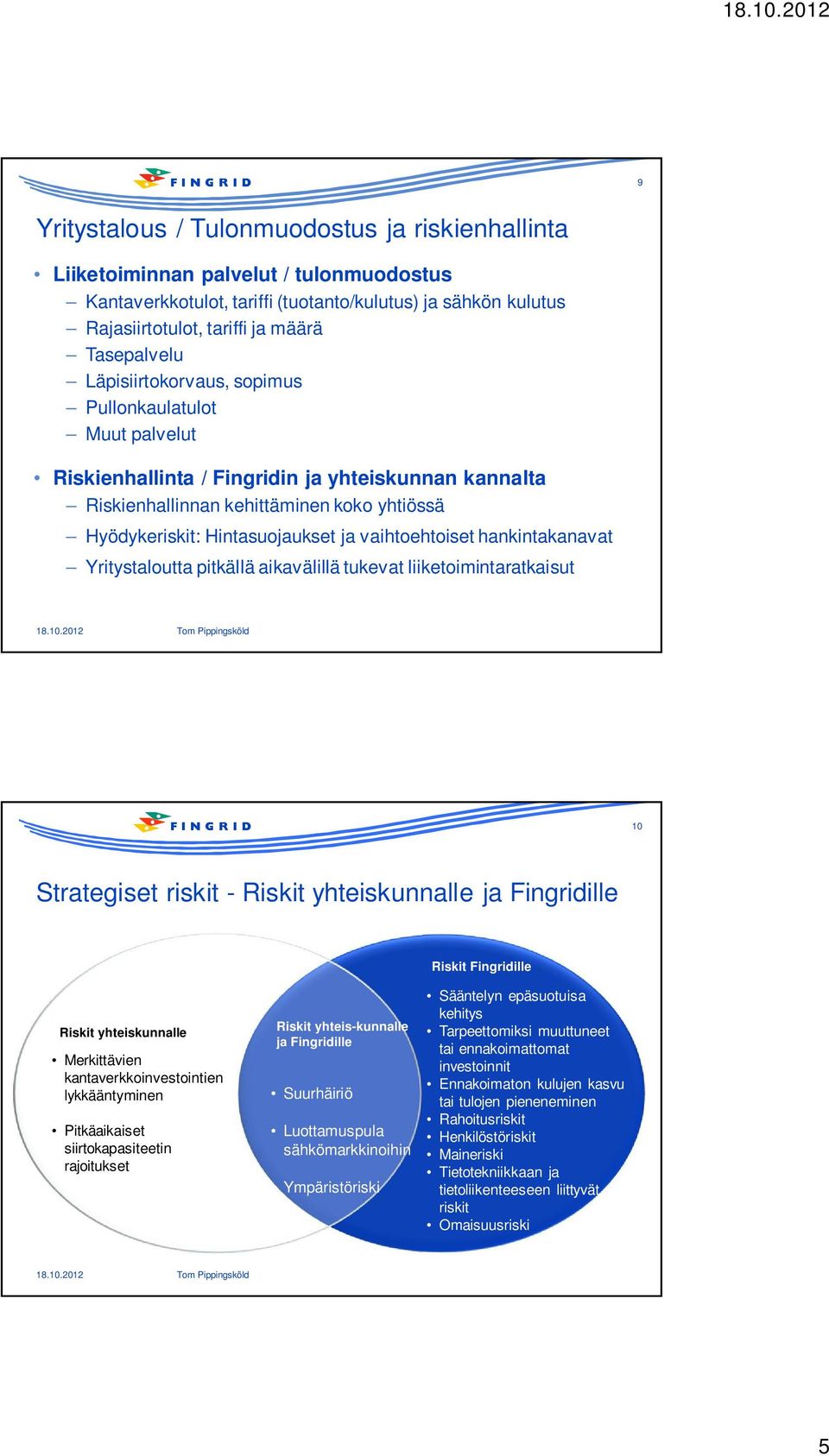 ja vaihtoehtoiset hankintakanavat Yritystaloutta pitkällä aikavälillä tukevat liiketoimintaratkaisut 10 Strategiset riskit - Riskit yhteiskunnalle ja Fingridille Riskit Fingridille Riskit