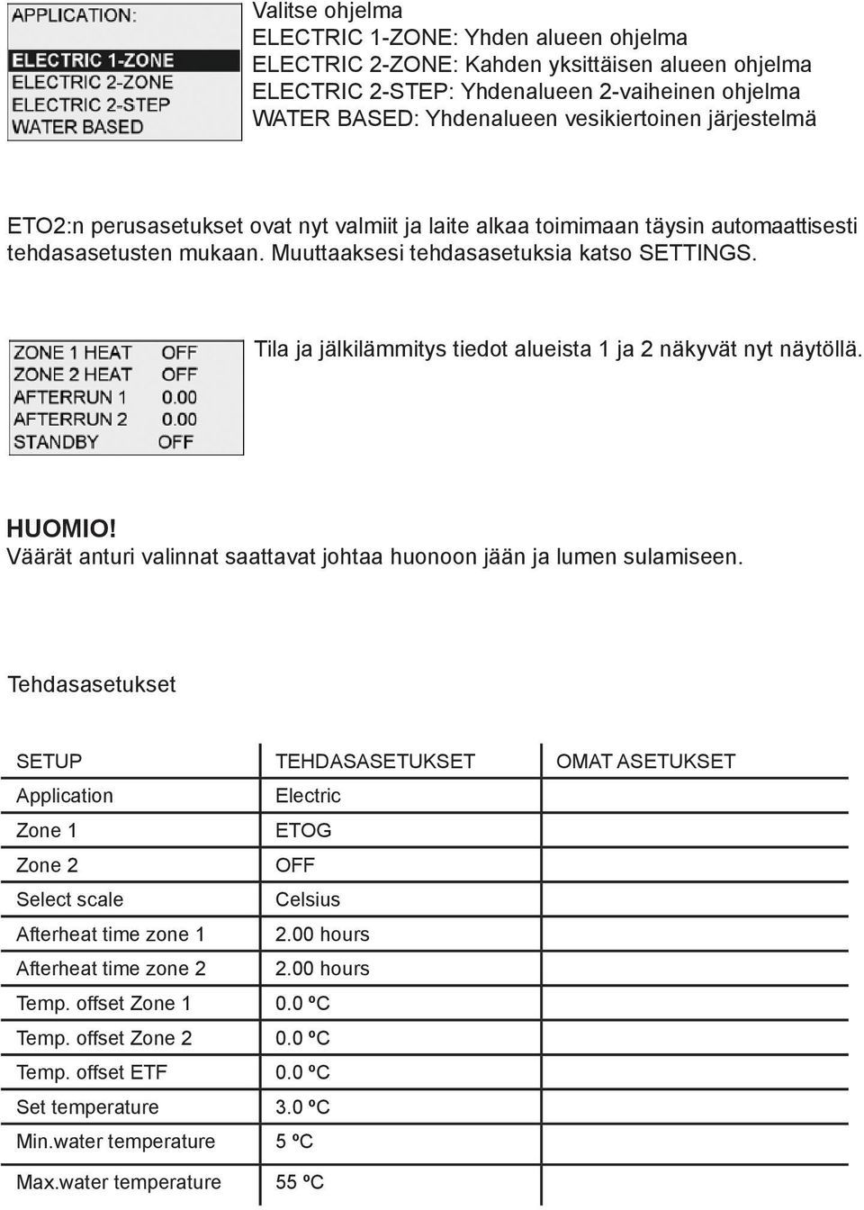 Tila ja jälkilämmitys tiedot alueista 1 ja 2 näkyvät nyt näytöllä. HUOMIO! Väärät anturi valinnat saattavat johtaa huonoon jään ja lumen sulamiseen.