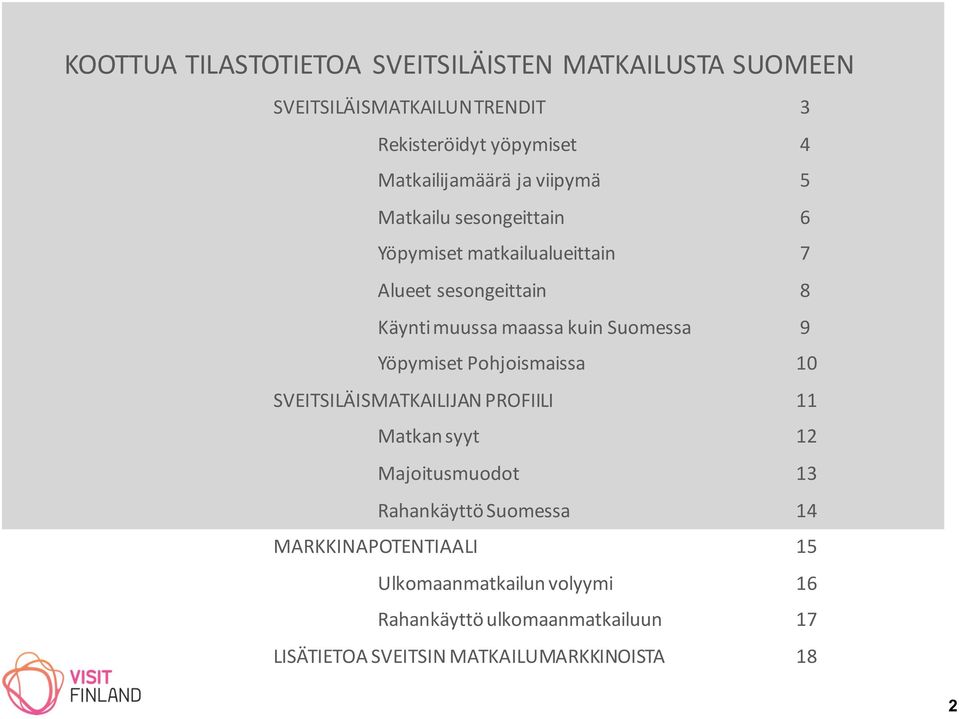 maassa kuin Suomessa 9 Yöpymiset Pohjoismaissa 10 SVEITSILÄISMATKAILIJAN PROFIILI 11 Matkan syyt 12 Majoitusmuodot 13