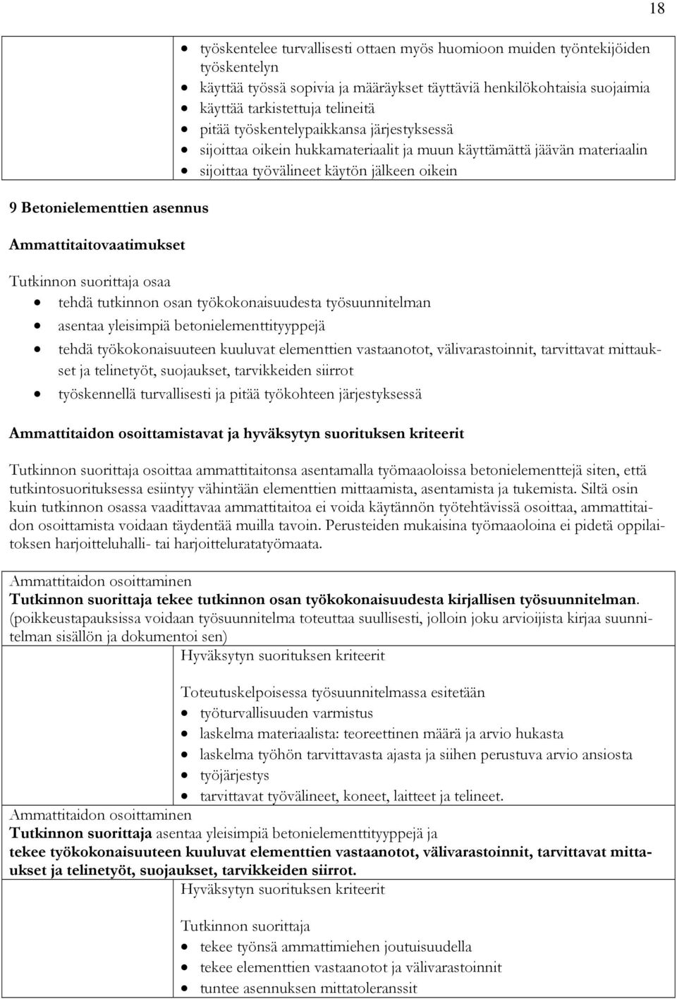 elementtien vastaanotot, välivarastoinnit, tarvittavat mittaukset ja telinetyöt, suojaukset, tarvikkeiden siirrot työskennellä turvallisesti ja pitää työkohteen järjestyksessä osoittaa