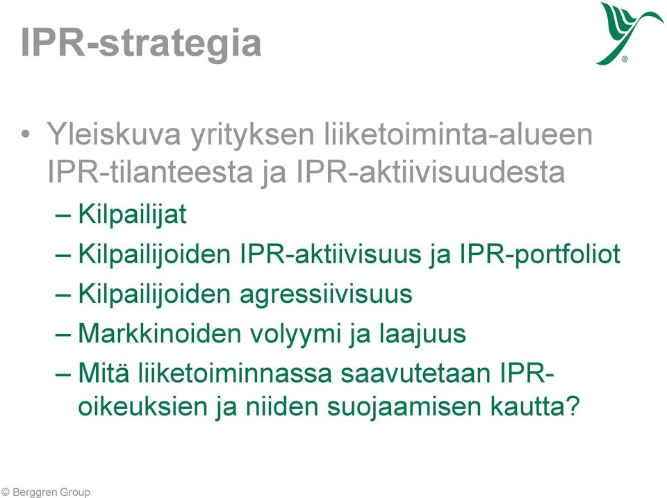 IPR-portfoliot Kilpailijoiden agressiivisuus Markkinoiden volyymi ja