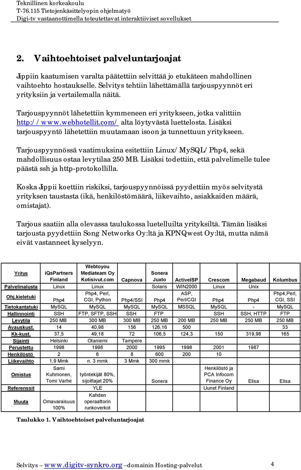 com/ alta löytyvästä luettelosta. Lisäksi tarjouspyyntö lähetettiin muutamaan isoon ja tunnettuun yritykseen.