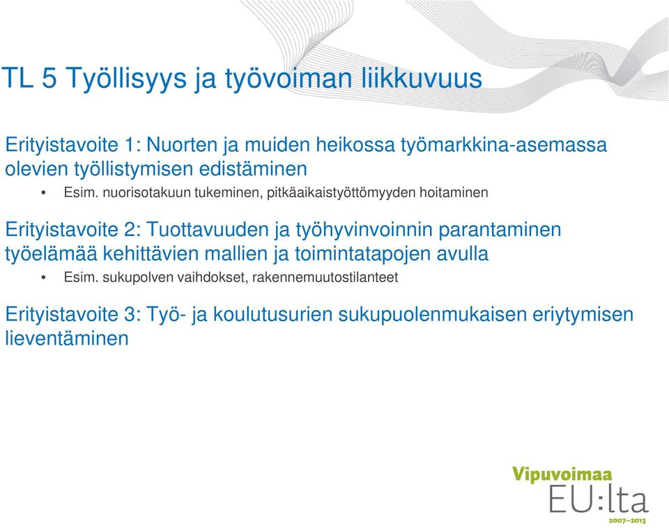 nuorisotakuun tukeminen, pitkäaikaistyöttömyyden hoitaminen Erityistavoite 2: Tuottavuuden ja työhyvinvoinnin