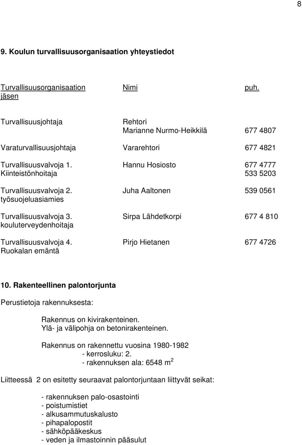 Hannu Hosiosto 677 4777 Kiinteistönhoitaja 533 5203 Turvallisuusvalvoja 2. Juha Aaltonen 539 0561 työsuojeluasiamies Turvallisuusvalvoja 3.