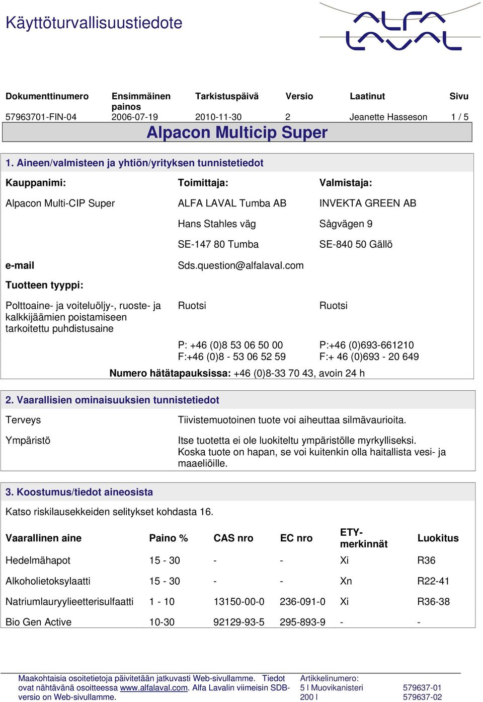 SE-840 50 Gällö e-mail Sds.question@alfalaval.