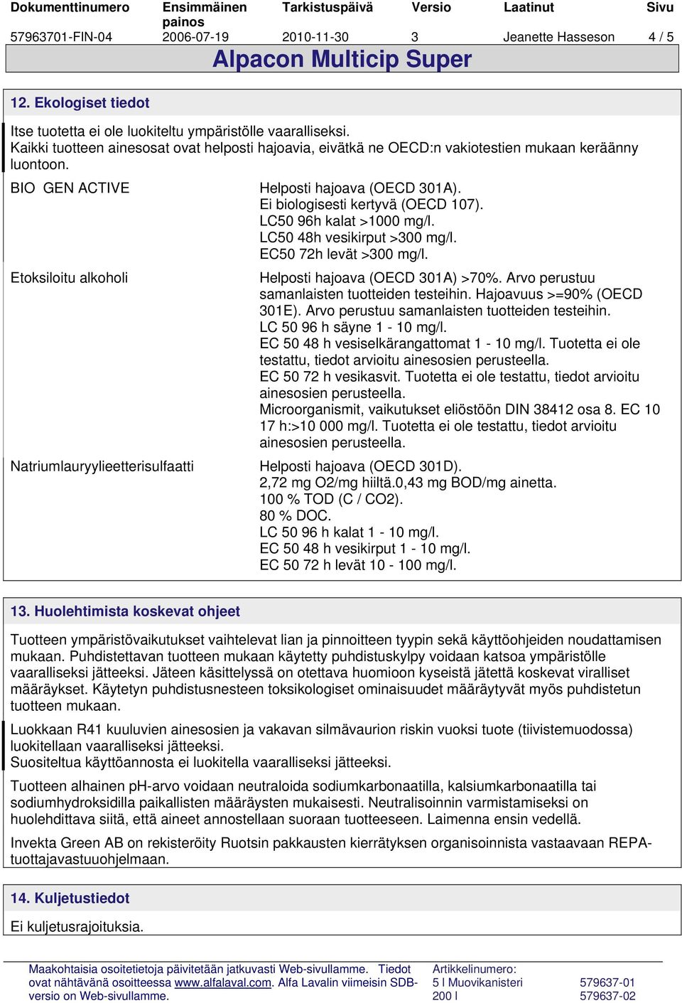 BIO GEN ACTIVE Etoksiloitu alkoholi Natriumlauryylieetterisulfaatti Helposti hajoava (OECD 301A). Ei biologisesti kertyvä (OECD 107). LC50 96h kalat >1000 mg/l. LC50 48h vesikirput >300 mg/l.