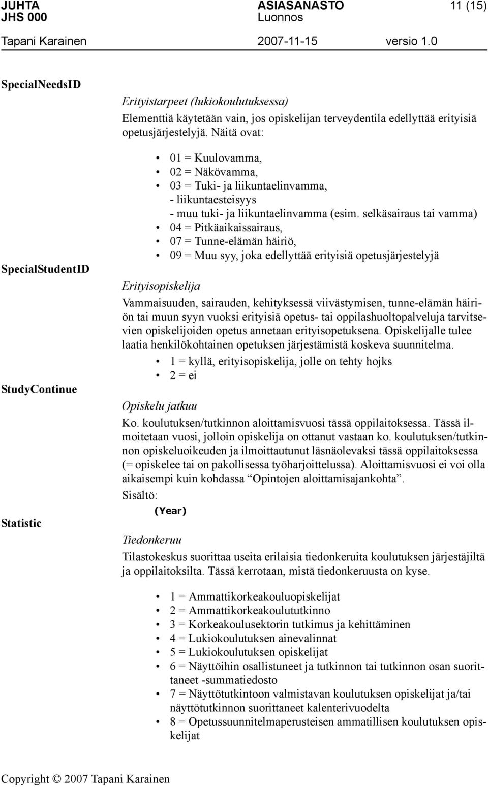 selkäsairaus tai vamma) 04 = Pitkäaikaissairaus, 07 = Tunne-elämän häiriö, 09 = Muu syy, joka edellyttää erityisiä opetusjärjestelyjä Erityisopiskelija Vammaisuuden, sairauden, kehityksessä