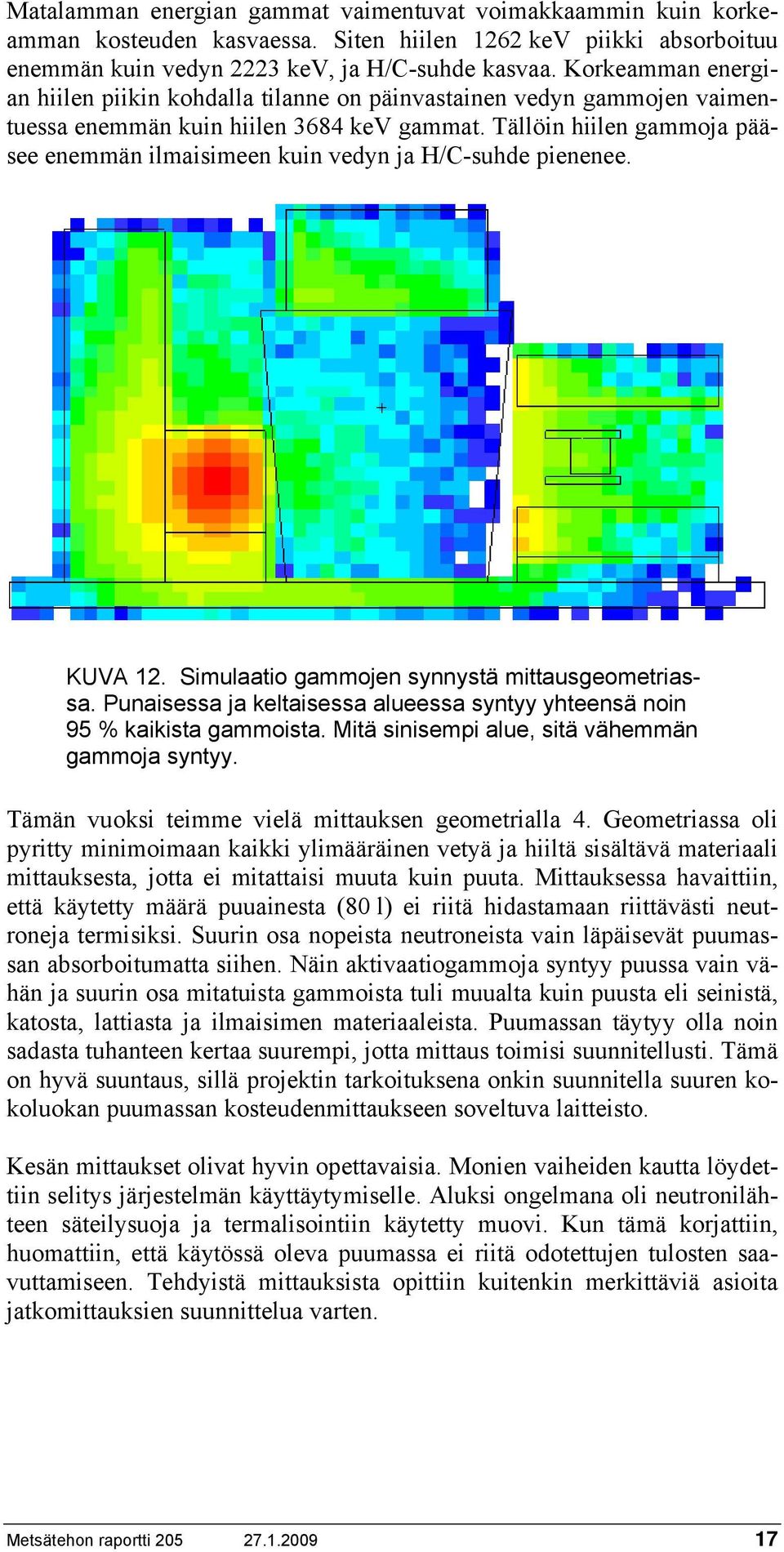 Tällöin hiilen gammoja pääsee enemmän ilmaisimeen kuin vedyn ja H/C-suhde pienenee. KUVA 12. Simulaatio gammojen synnystä mittausgeometriassa.