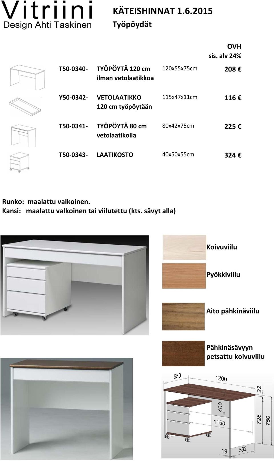 115x47x11cm 116 T50 0341 TYÖPÖYTÄ 80 cm vetolaatikolla 80x42x75cm 225 T50 0343 LAATIKOSTO 40x50x55cm