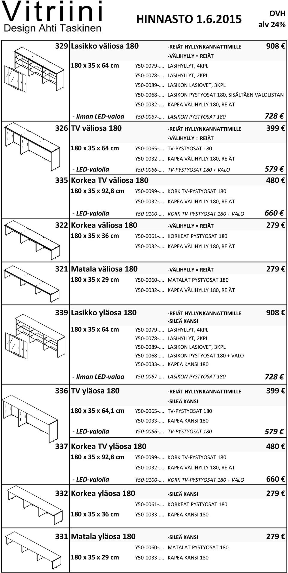LASIKON PYSTYOSAT 180 728 326 TV väliosa 180 REIÄT HYLLYNKANNATTIMILLE 399 180 x 35 x 64 cm Y50 0065. TV PYSTYOSAT 180 LED valolla Y50 0066.