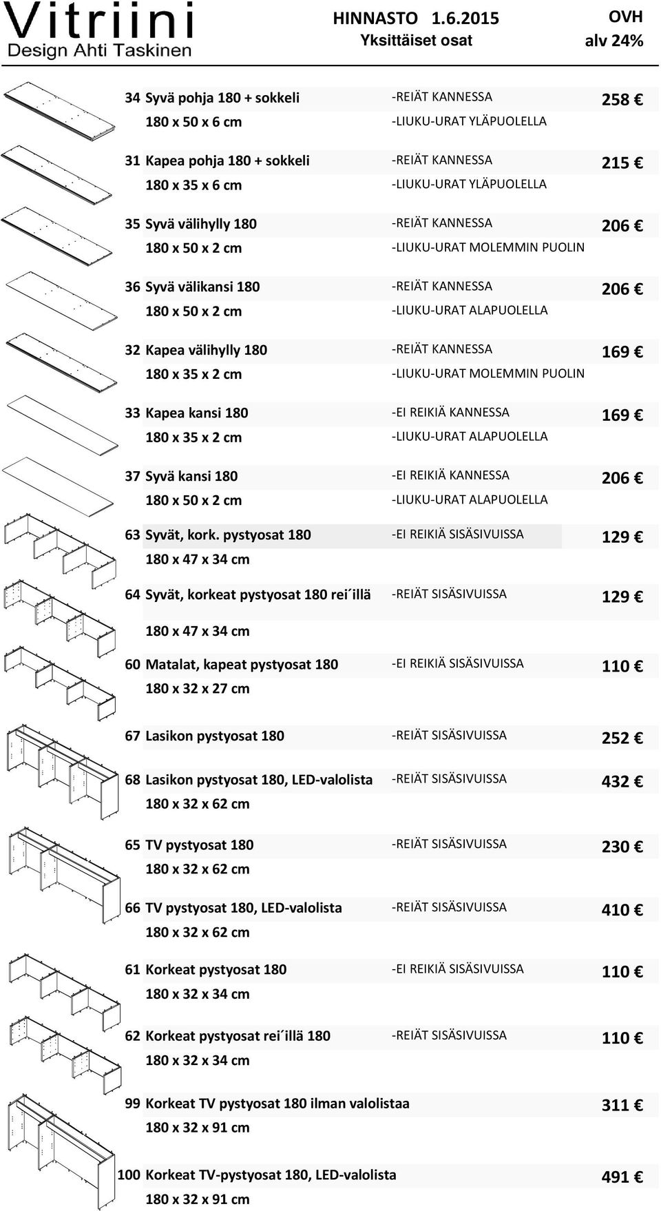 URAT YLÄPUOLELLA REIÄT KANNESSA 206 180 x 50 x 2 cm 36 Syvä välikansi 180 LIUKU URAT MOLEMMIN PUOLIN REIÄT KANNESSA 206 180 x 50 x 2 cm 32 Kapea välihylly 180 LIUKU URAT ALAPUOLELLA REIÄT KANNESSA