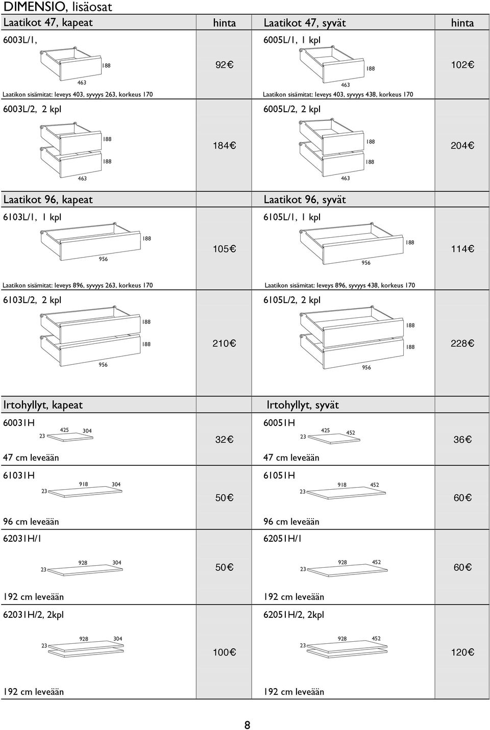 korkeus 170 Laatikon sisämitat: leveys 896, syvyys 438, korkeus 170 6103L/2, 2 kpl 6105L/2, 2 kpl 210 228 956 956 Irtohyllyt, kapeat Irtohyllyt, syvät 60031H 425 304 60051H 32 47 cm leveään 47 cm