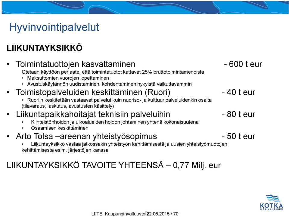 kulttuuripalveluidenkin osalta (tilavaraus, laskutus, avustusten käsittely) Liikuntapaikkahoitajat teknisiin palveluihin - 80 t eur Kiinteistönhoidon ja ulkoalueiden hoidon johtaminen yhtenä