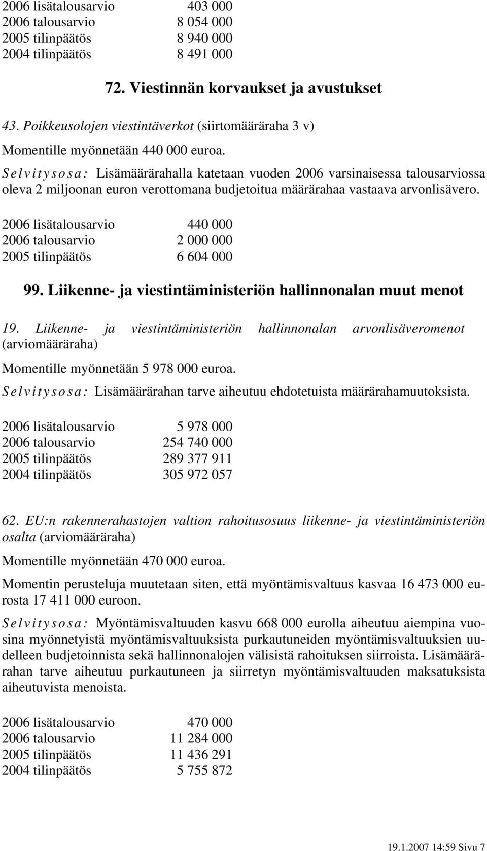 Selvitysosa: Lisämäärärahalla katetaan vuoden 2006 varsinaisessa talousarviossa oleva 2 miljoonan euron verottomana budjetoitua määrärahaa vastaava arvonlisävero.