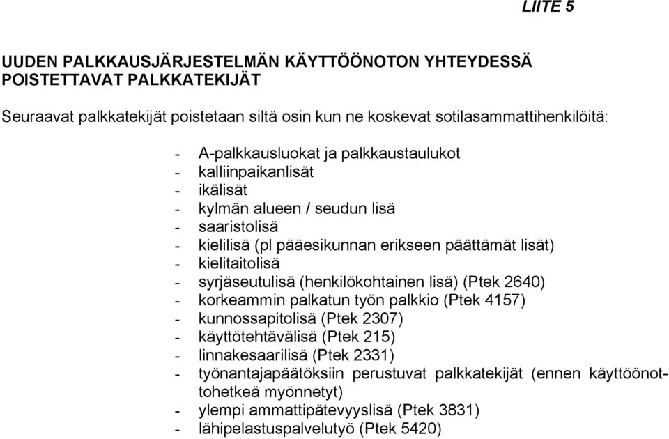 kielitaitolisä - syrjäseutulisä (henkilökohtainen lisä) (Ptek 2640) - korkeammin palkatun työn palkkio (Ptek 4157) - kunnossapitolisä (Ptek 2307) - käyttötehtävälisä (Ptek 215) -