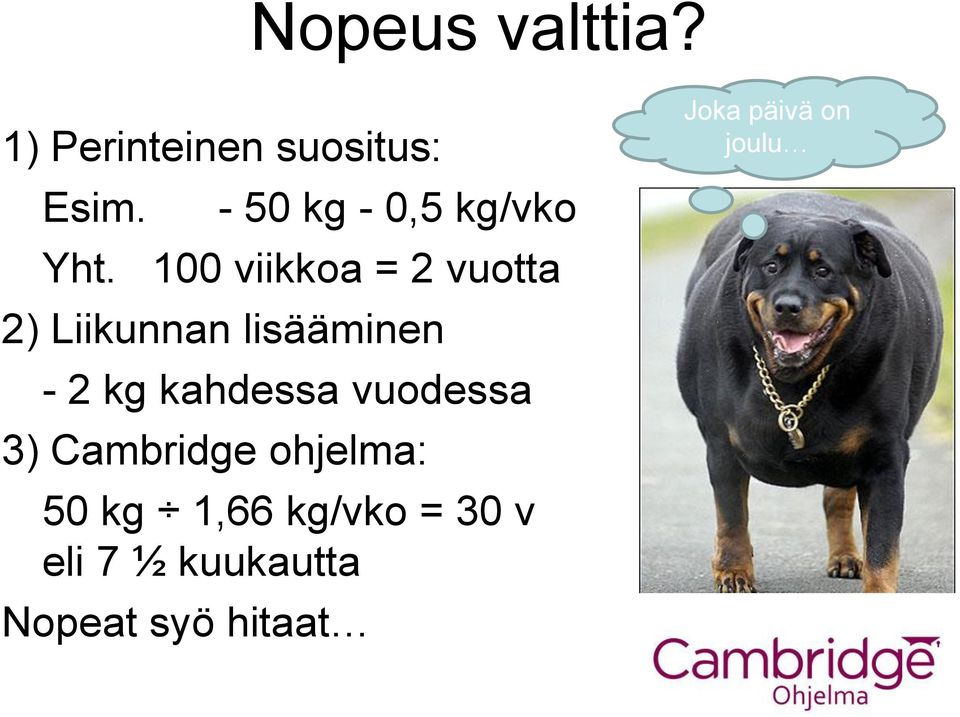 100 viikkoa = 2 vuotta 2) Liikunnan lisääminen - 2 kg kahdessa