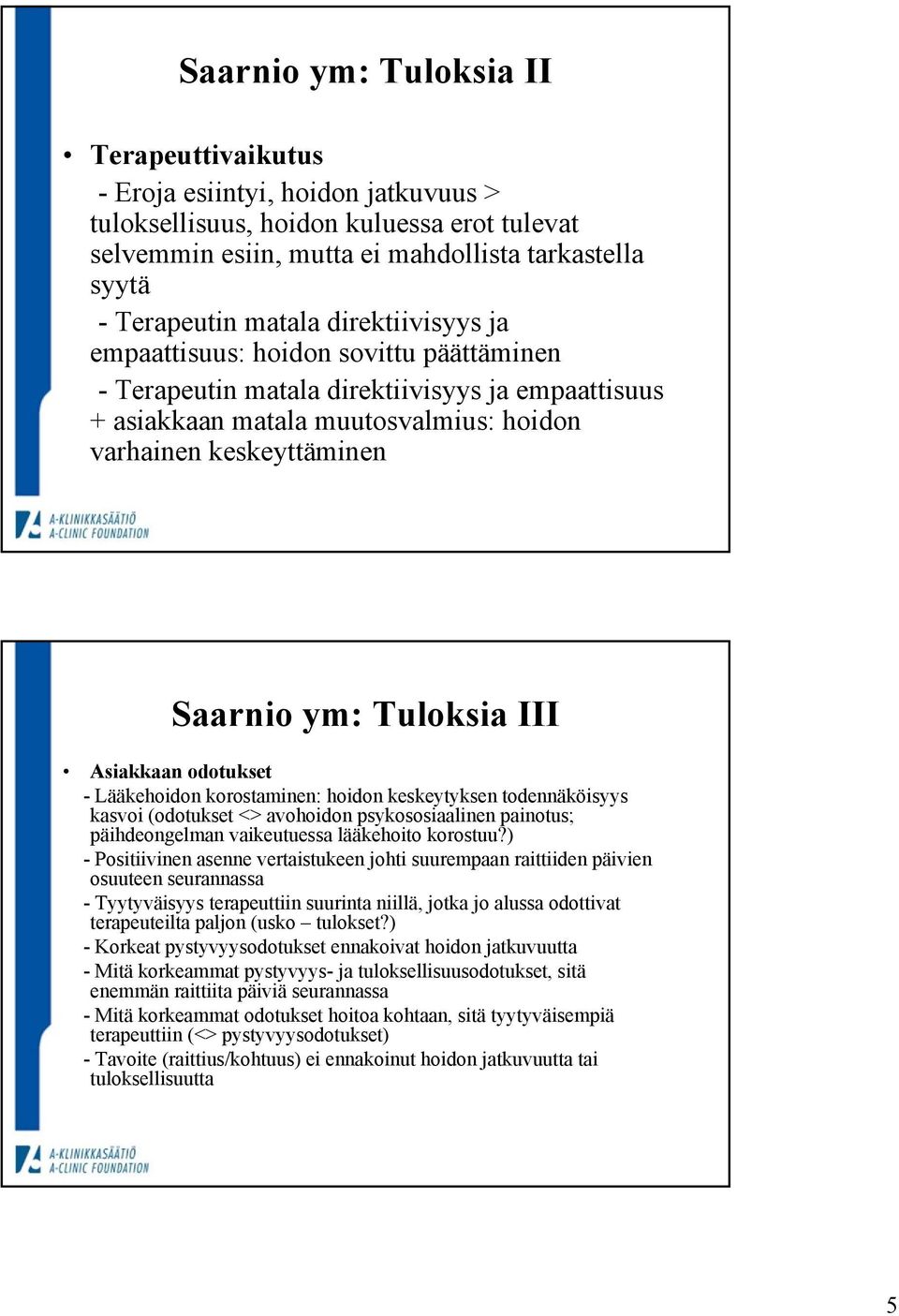 Tuloksia III Asiakkaan odotukset - Lääkehoidon korostaminen: hoidon keskeytyksen todennäköisyys kasvoi (odotukset <> avohoidon psykososiaalinen painotus; päihdeongelman vaikeutuessa lääkehoito