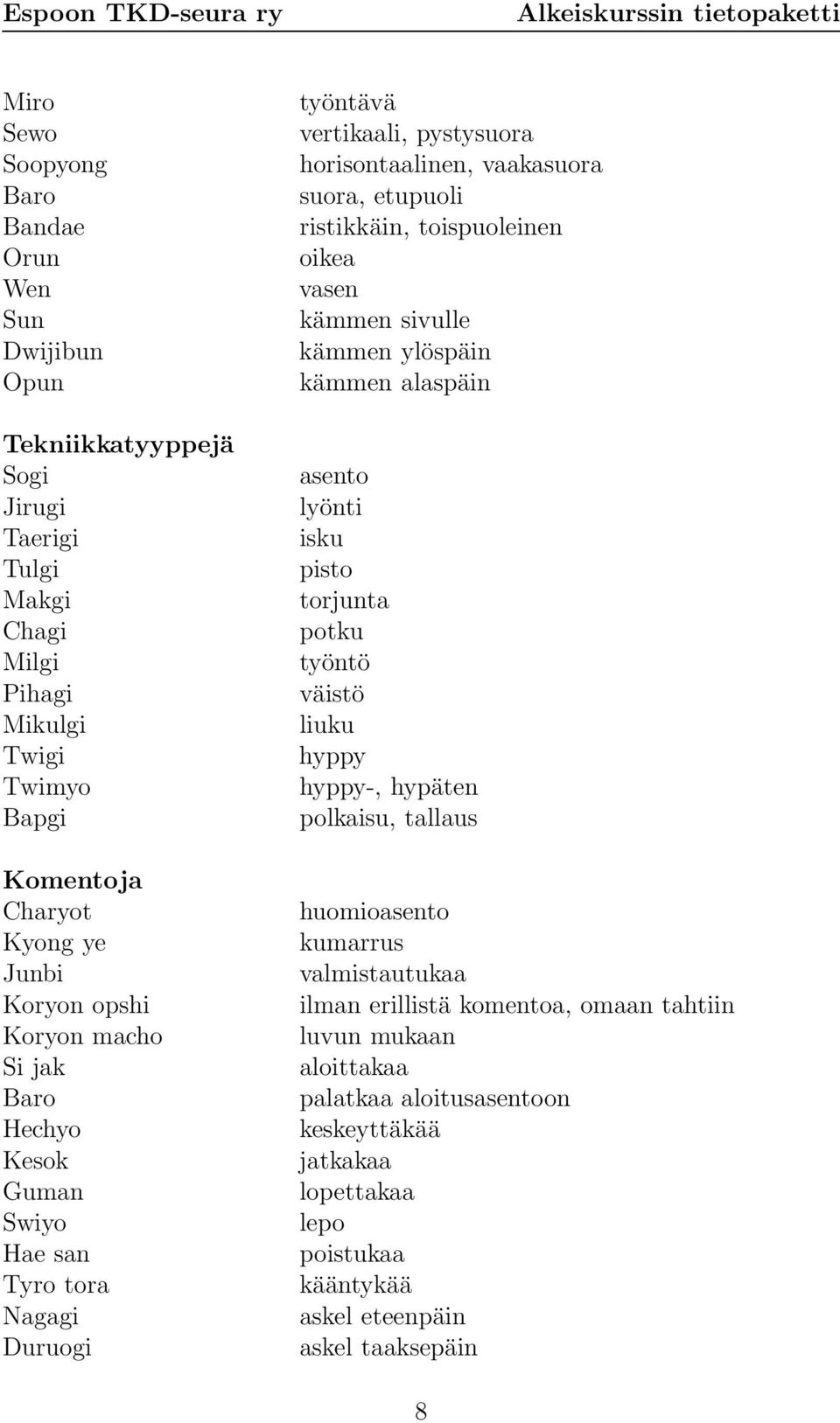 toispuoleinen oikea vasen kämmen sivulle kämmen ylöspäin kämmen alaspäin asento lyönti isku pisto torjunta potku työntö väistö liuku hyppy hyppy-, hypäten polkaisu, tallaus huomioasento