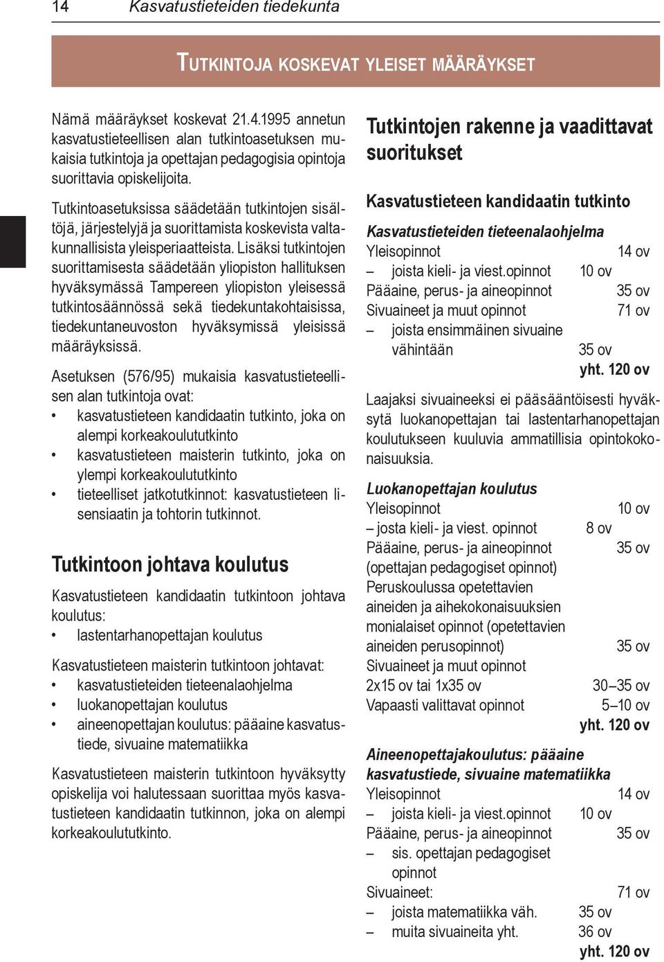 Lisäksi tutkintojen suorittamisesta säädetään yliopiston hallituksen hyväksymässä Tampereen yliopiston yleisessä tutkintosäännössä sekä tiedekuntakohtaisissa, tiedekuntaneuvoston hyväksymissä