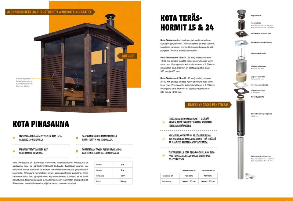 Kota Teräshormi 15:n (Ø 125 mm) eristetty osa on 1 500 mm pitkä ja sisältää kaikki asennuksessa tarvittavat osat. Peruspaketin kokonaismitta on n. 2 500 mm ilman jatko-osia.