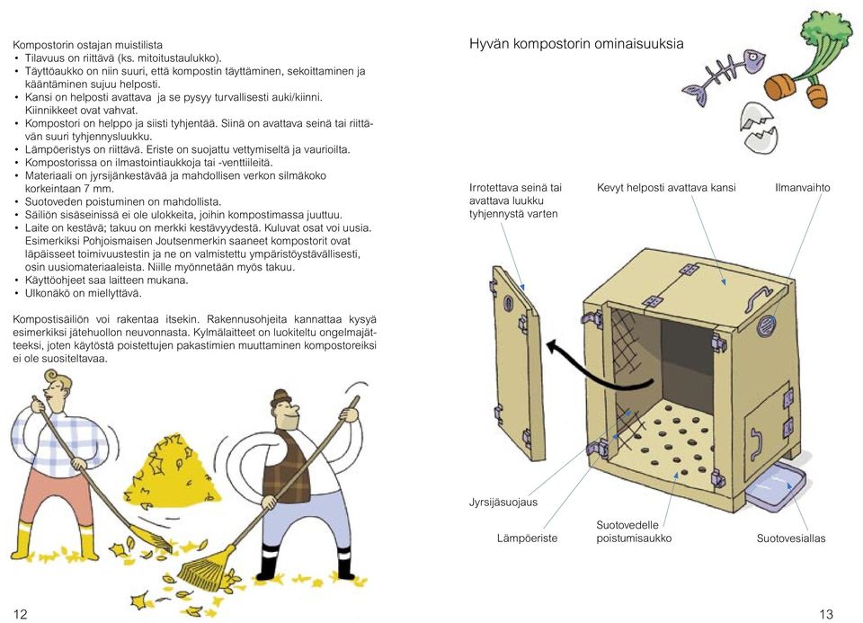 Lämpöeristys on riittävä. Eriste on suojattu vettymiseltä ja vaurioilta. Kompostorissa on ilmastointiaukkoja tai -venttiileitä.