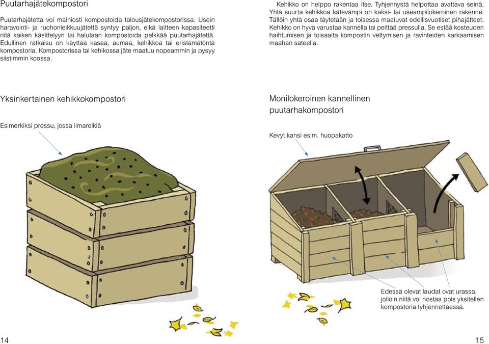 Edullinen ratkaisu on käyttää kasaa, aumaa, kehikkoa tai eristämätöntä kompostoria. Kompostorissa tai kehikossa jäte maatuu nopeammin ja pysyy siistimmin koossa. Kehikko on helppo rakentaa itse.