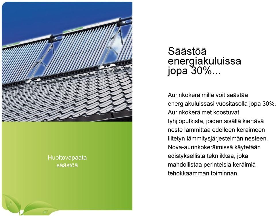 Aurinkokeräimet koostuvat tyhjiöputkista, joiden sisällä kiertävä neste lämmittää edelleen