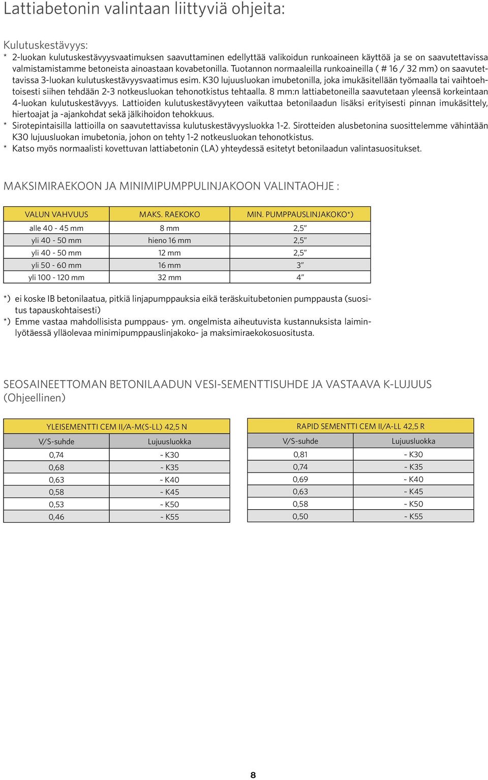 K30 lujuusluokan imubetonilla, joka imukäsitellään työmaalla tai vaihtoehtoisesti siihen tehdään 2-3 notkeusluokan tehonotkistus tehtaalla.