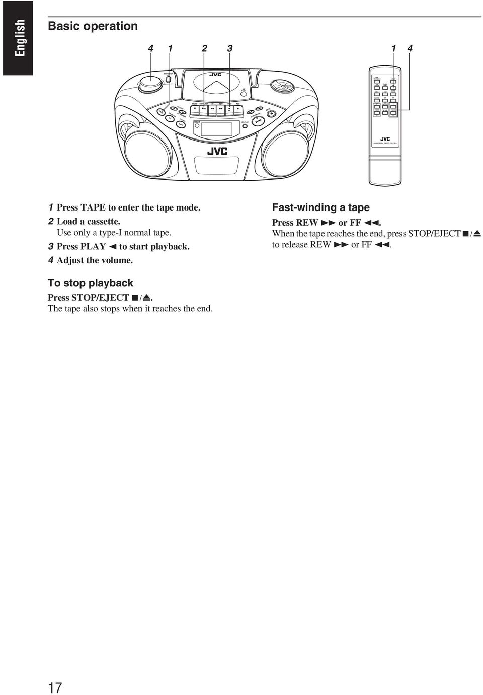 4 Adjust the volume. Fast-winding a tape Press REW or FF 1.