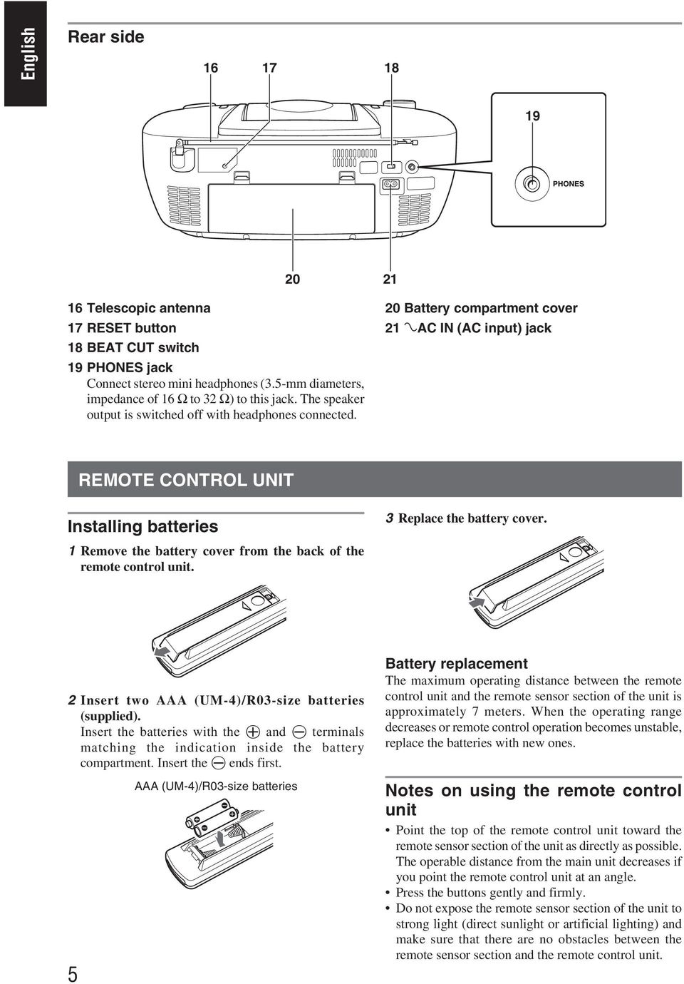 1 Remove the battery cover from the back of the remote control unit. 2 Insert two AAA (UM-4)/R03-size batteries (supplied).