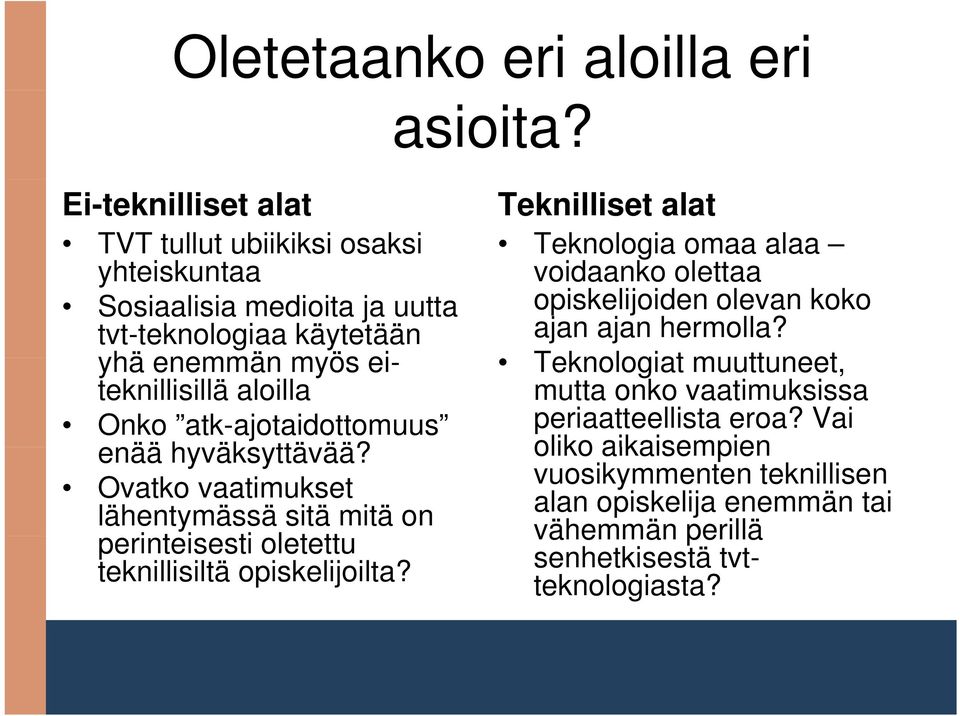 atk-ajotaidottomuus enää hyväksyttävää? ää? Ovatko vaatimukset lähentymässä sitä mitä on perinteisesti i ti oletettu tt teknillisiltä opiskelijoilta?