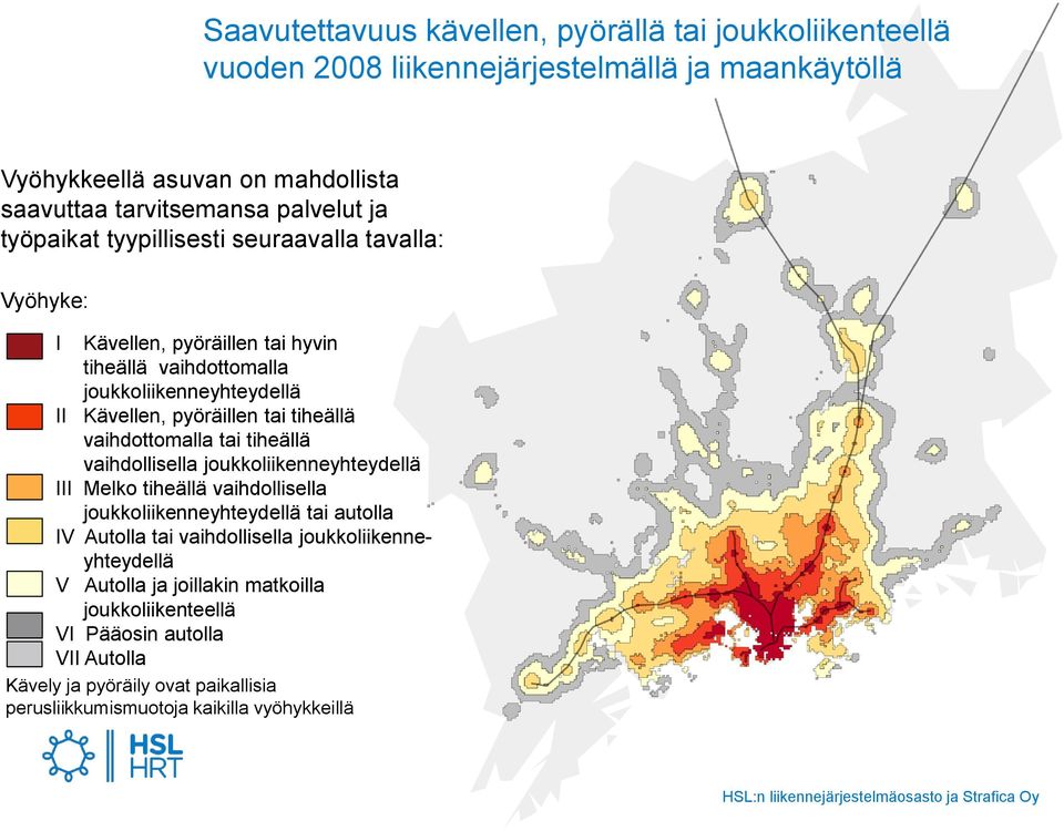 vaihdottomalla tai tiheällä vaihdollisella joukkoliikenneyhteydellä III Melko tiheällä vaihdollisella joukkoliikenneyhteydellä tai autolla IV Autolla tai vaihdollisella