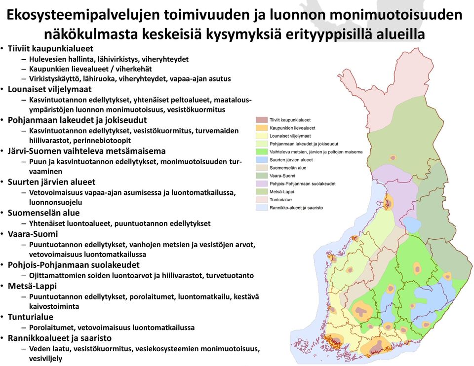 luonnon monimuotoisuus, vesistökuormitus Pohjanmaan lakeudet ja jokiseudut Kasvintuotannon edellytykset, vesistökuormitus, turvemaiden hiilivarastot, perinnebiotoopit Järvi-Suomen vaihteleva