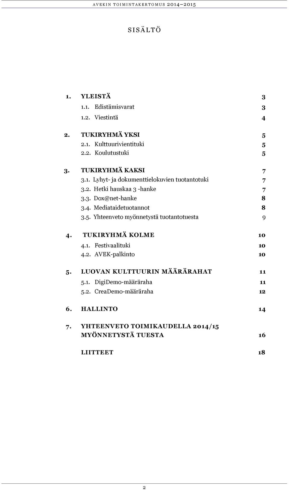 Mediataidetuotannot 8 3.5. Yhteenveto myönnetystä tuotantotuesta 9 4. TUKIRYHMÄ KOLME 10 4.1. Festivaalituki 10 4.2. AVEK-palkinto 10 5.