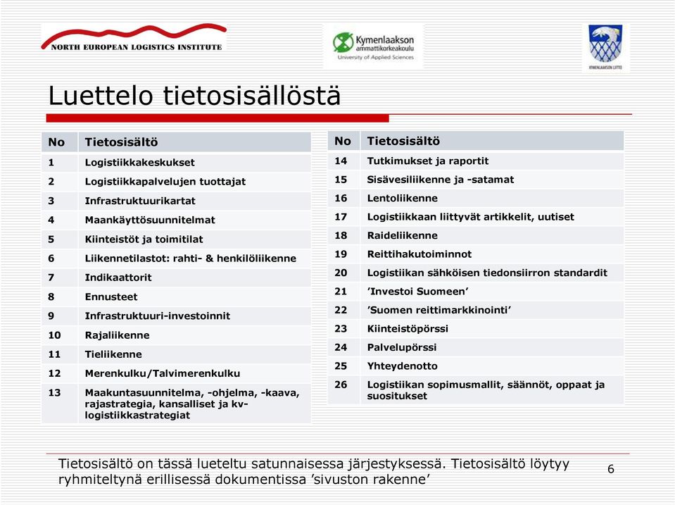 rajastrategia, kansalliset ja kvlogistiikkastrategiat No Tietosisältö 14 Tutkimukset ja raportit 15 Sisävesiliikenne ja -satamat 16 Lentoliikenne 17 Logistiikkaan liittyvät artikkelit, uutiset 18