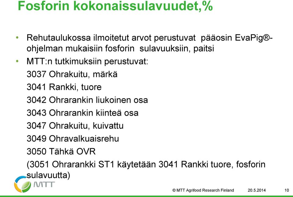 Ohrarankin liukoinen osa 3043 Ohrarankin kiinteä osa 3047 Ohrakuitu, kuivattu 3049 Ohravalkuaisrehu 3050 Tähkä
