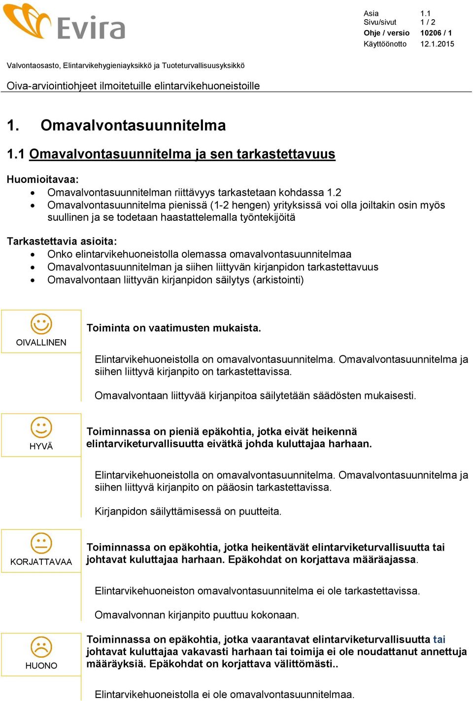 2 Omavalvontasuunnitelma pienissä (1-2 hengen) yrityksissä voi olla joiltakin osin myös suullinen ja se todetaan haastattelemalla työntekijöitä Tarkastettavia asioita: Onko elintarvikehuoneistolla